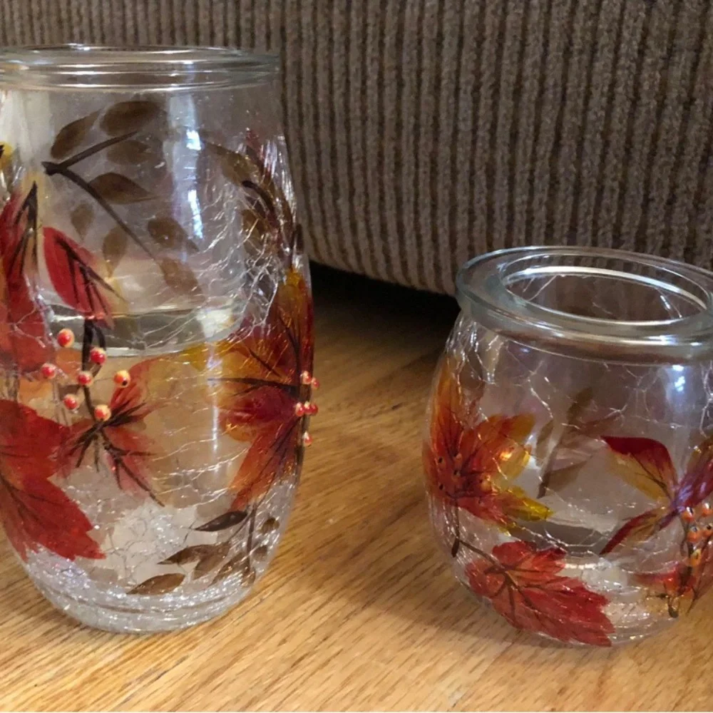 Yankee Candle AUTUMN LEAVES Crackle Glass Tea-light Candle Holder Set